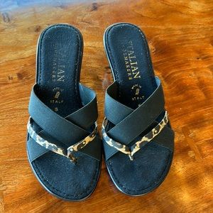 Italian made sandal with leopard print and a 3 inch wedge, size 6 , like new